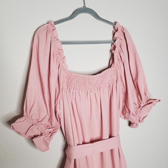 Eloquii Pink Square Neck Ruffled Smocked Front Linen Mini Day Dress - Picture 8 of 11